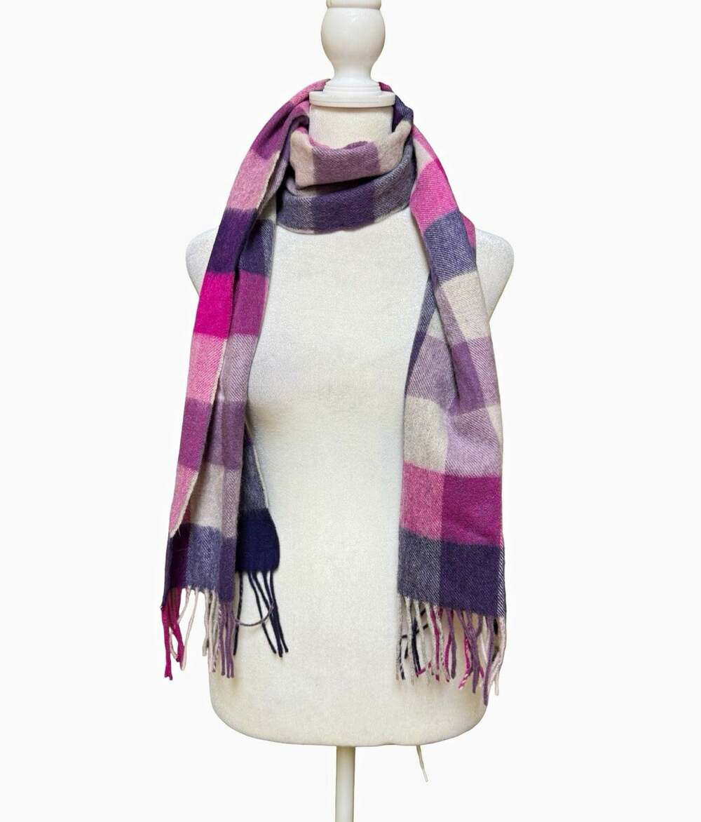 Kiltane Wool Plaid Fringe Rectangle Scarf Women’s Purple Pink Gray Navy